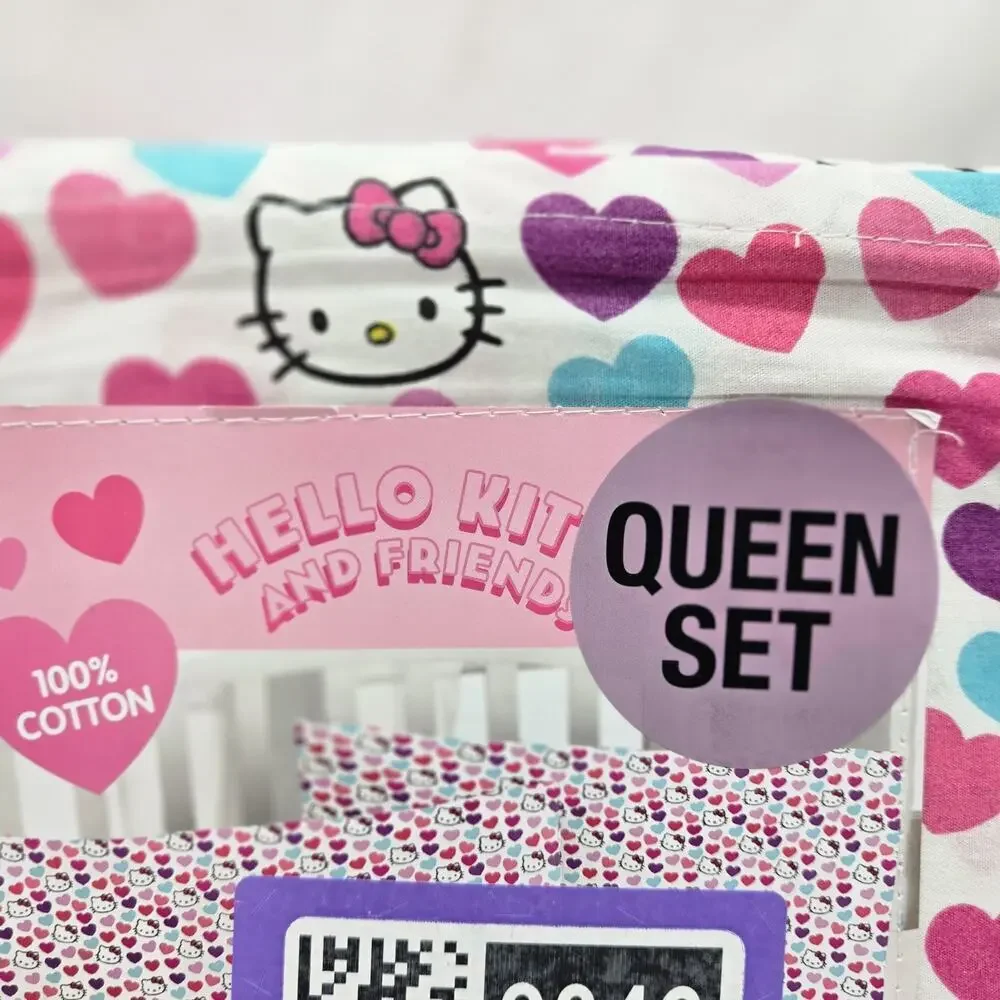 NEW Hello Kitty Multicolored Hearts Queen Sheet Set 100% Cotton 4pc Set LOVE